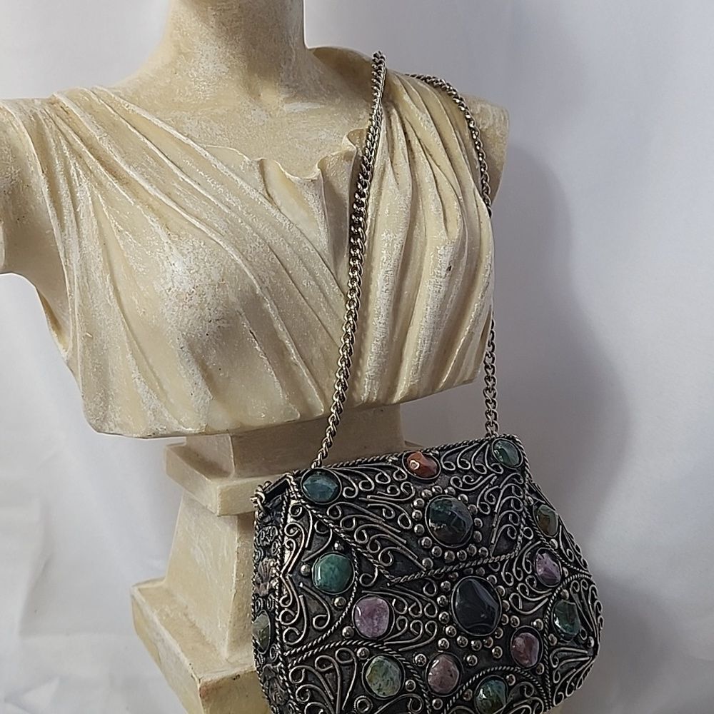 Vintage Statement Sajai Metal Purse WithโNatural Agate Stones & Chain Strap